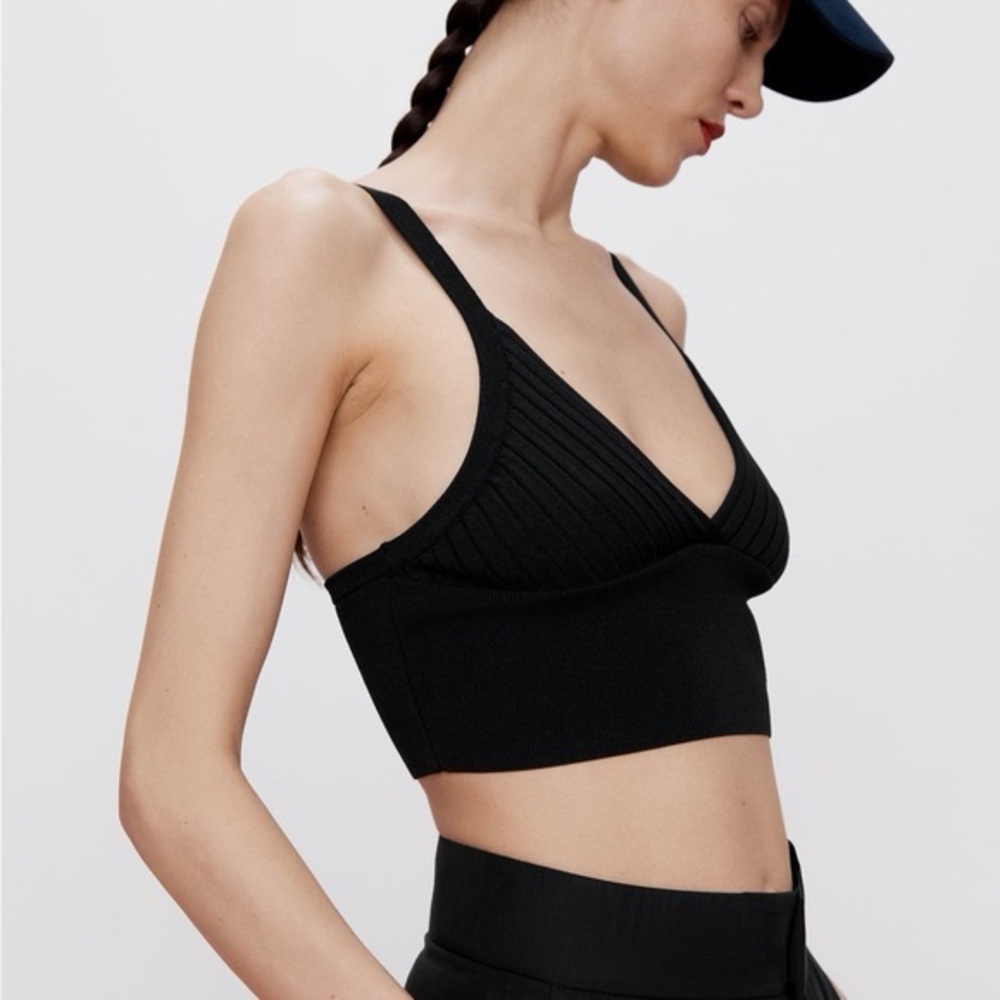 Zara Black Ribbed Knitted Bralette, XS